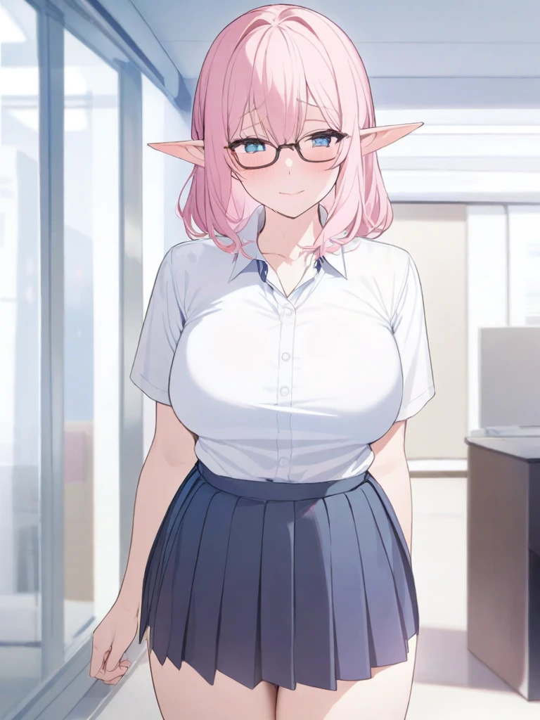 masterpiece, best quality, high quality, beautiful anime character, solo, anime girl with pink hair, soft hair, medium length hair, blue eyes, elf ears, big breasts, mature female, tall female, big girl, thick, (shy face, blush, light smile, loving eyes), outdoors, (white shirt, pleated skirt), office background, standing, slim thick, short medium hair, short sleeves, glasses, office girl, nerd, legs,