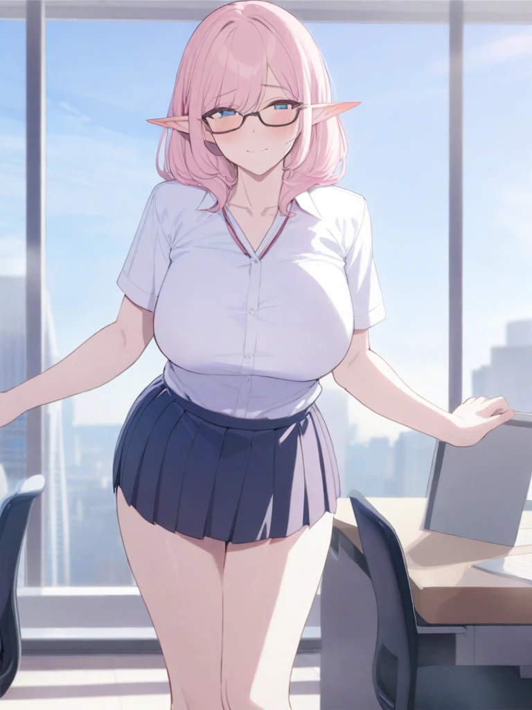 masterpiece, best quality, high quality, beautiful anime character, solo, anime girl with pink hair, soft hair, medium length hair, blue eyes, elf ears, big breasts, mature female, tall female, big girl, thick, (shy face, blush, light smile, loving eyes), outdoors, (white shirt, pleated skirt), office background, standing, slim thick, short medium hair, short sleeves, glasses, office girl, nerd, legs,