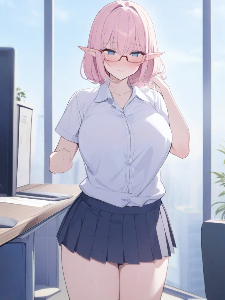 masterpiece, best quality, high quality, beautiful anime character, solo, anime girl with pink hair, soft hair, medium length hair, blue eyes, elf ears, big breasts, mature female, tall female, big girl, thick, (shy face, blush, light smile, loving eyes), outdoors, (white shirt, pleated skirt), office background, standing, slim thick, short medium hair, short sleeves, glasses, office girl, nerd, legs,