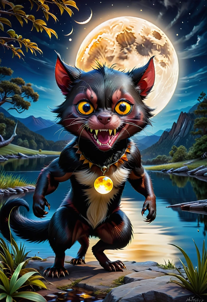 Tasmanian Devil, taz mania, in attack position, forst, darkly, scared animals, fullmoon, lake reflecting the moon, 8k, 4D, ((arte abstrata)), ((super quality))