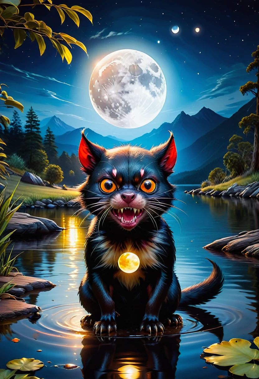 Tasmanian Devil, taz mania, in attack position, forst, darkly, scared animals, fullmoon, lake reflecting the moon, 8k, 4D, ((arte abstrata)), ((super quality))