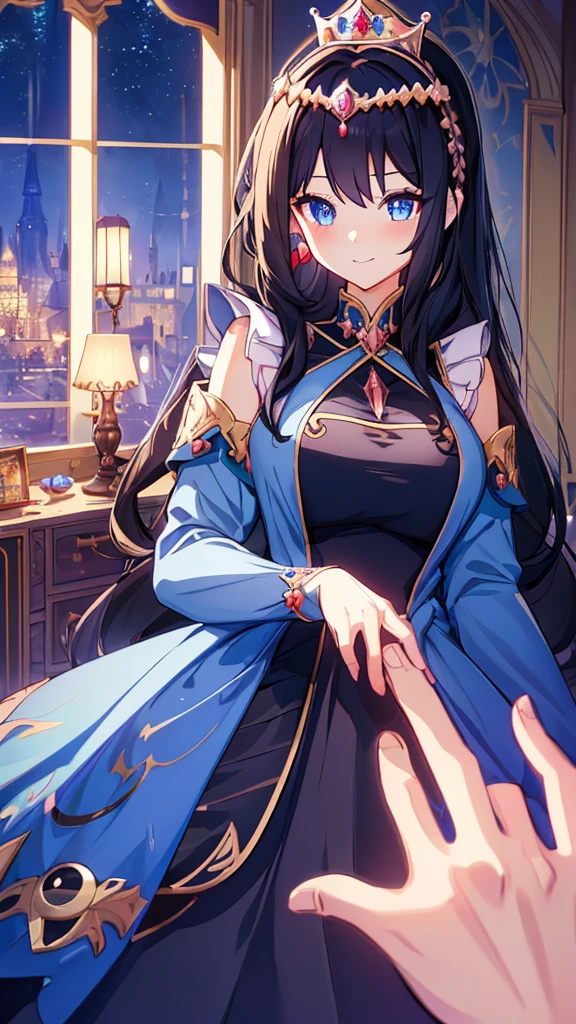 best quality, extremely detailed,anime style girl,long hair down to the waist, straight hair, ((dark black hair with bluish)),braid,beautiful detailed eyes, pinched eyes, (dark blue eyes),huge breasts,curvy,((((western cutie princess dress)))),clothing with complex patterns,hair ornament,smile,((((princess's room)))),((pov))