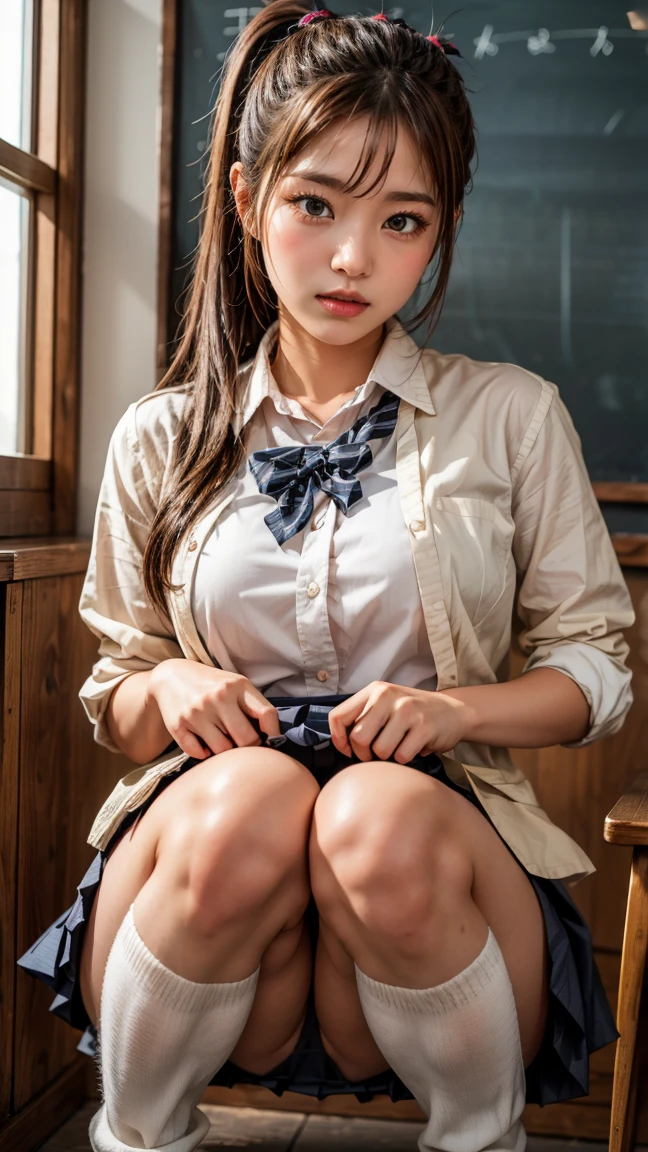 (Realistic:1.4), Highest quality, masterpiece, RAW32K Photo, (Very detailed美しい日本の女の子), (Very fine particles:1.2), (*********),(Cute Face:1.2), Very detailed, Ultra-high resolution, wonderful, break,
(school uniform:1.5), Detailed school girl, (Bright classroom 1.3、Moody light), Beautiful detailed girl, blonde、Cute Face, mini skirt,(thigh)、(((She lifted her skirt to reveal her white panties.)))、((Ponytail Hair))、big Breasts、big 、Gal