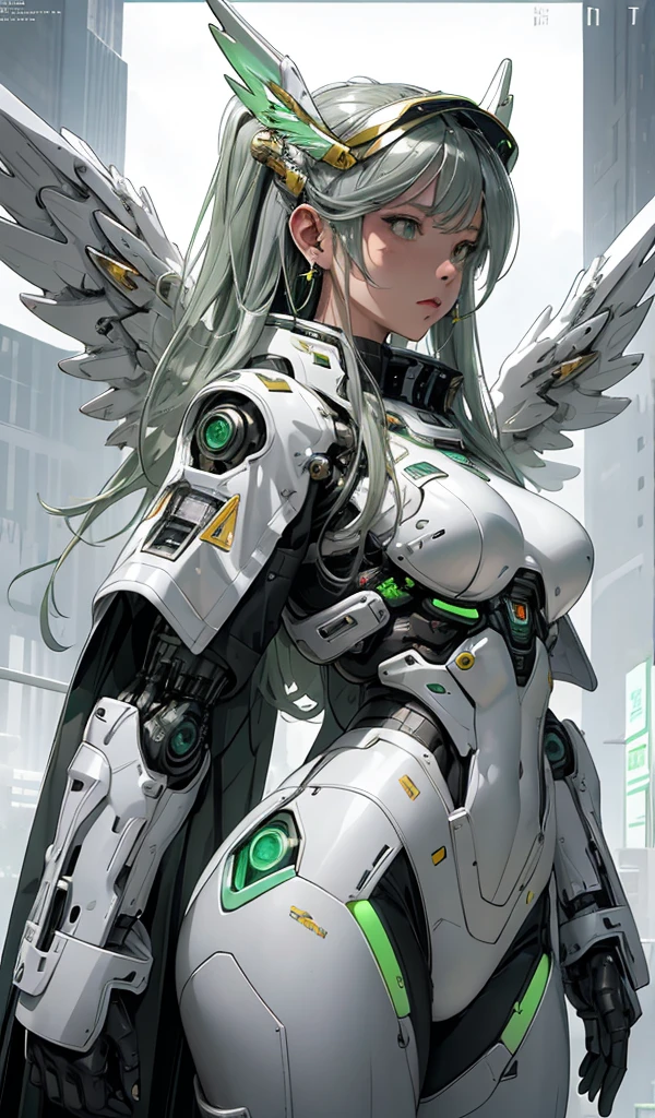 masterpiece,  (best quality), (ultra-detailed), (ultra-realistic:1.2), landscape,  sci-fi, transistorpunk,  cyberpunk, biopunk, (magazine cover:1.4), (gray, white), female huge robot, visor, earring, mechanical angel wings on the back, angel wings, space, cosmos, galaxy,  future town, dynamic pose, dynamic angle, small breasts, luxury, (gold, silver, green), neon