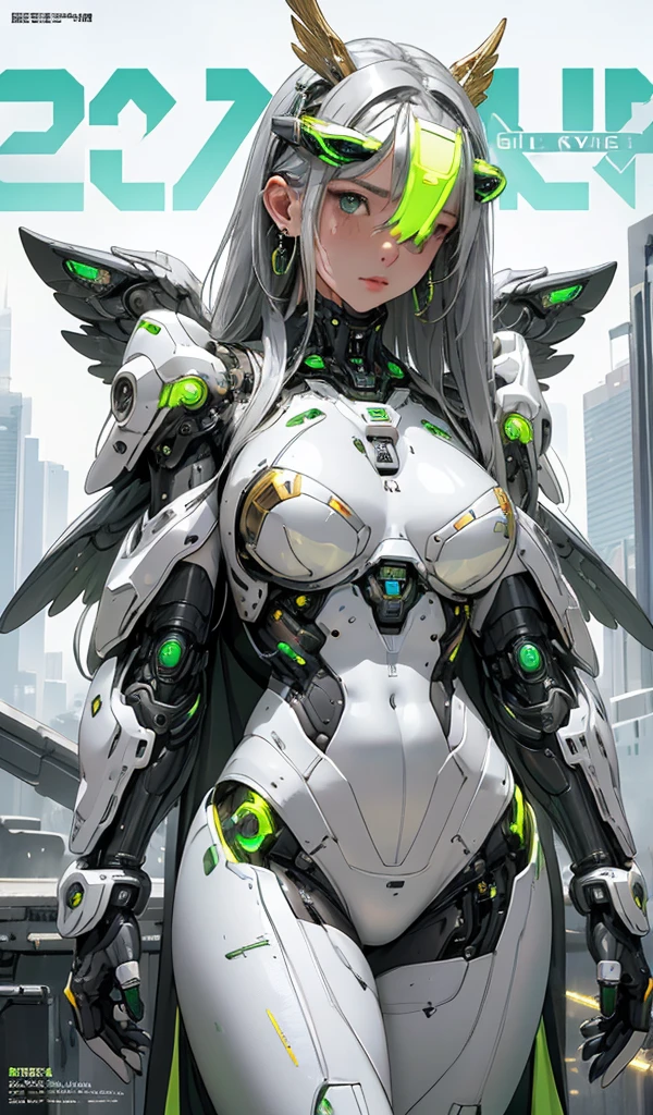 masterpiece, (best quality), (ultra-detailed), (ultra-realistic:1.2), landscape, sci-fi, transistorpunk, cyberpunk, biopunk, (magazine cover:1.4), (gray, white), female huge robot, visor, earring, mechanical angel wings on the back, angel wings, space, cosmos, galaxy, future town, dynamic pose, dynamic angle, small breasts, luxury, (gold, silver, green), neon