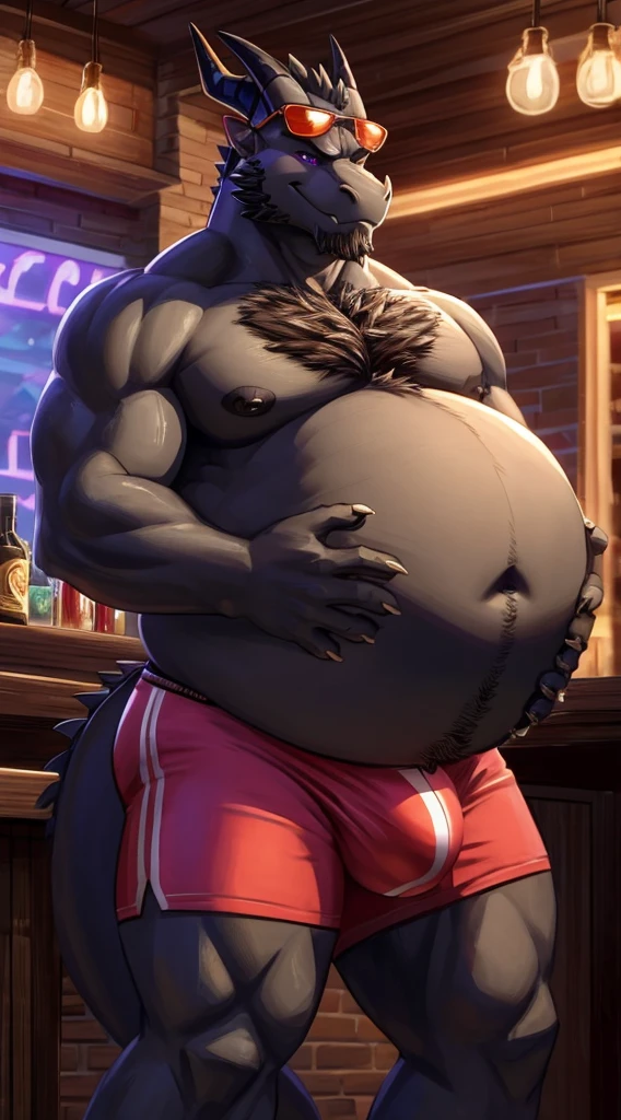 Anthro dragon with black fur and an orange colored underbelly, old, chest hair, purple eyes, black horns and claws, large, not muscular, overweight, chubby, fat, navel, big belly, belly, giant belly, bloated belly, bulging belly, vore, gurgling belly, digesting, green gurgle lines around belly. Lazy, dad, daddy, dilf, bara, adult, aroused. Standing up, holding belly, smirking. Wearing underwear with bulge, sunglasses, dragon tail. Bar.