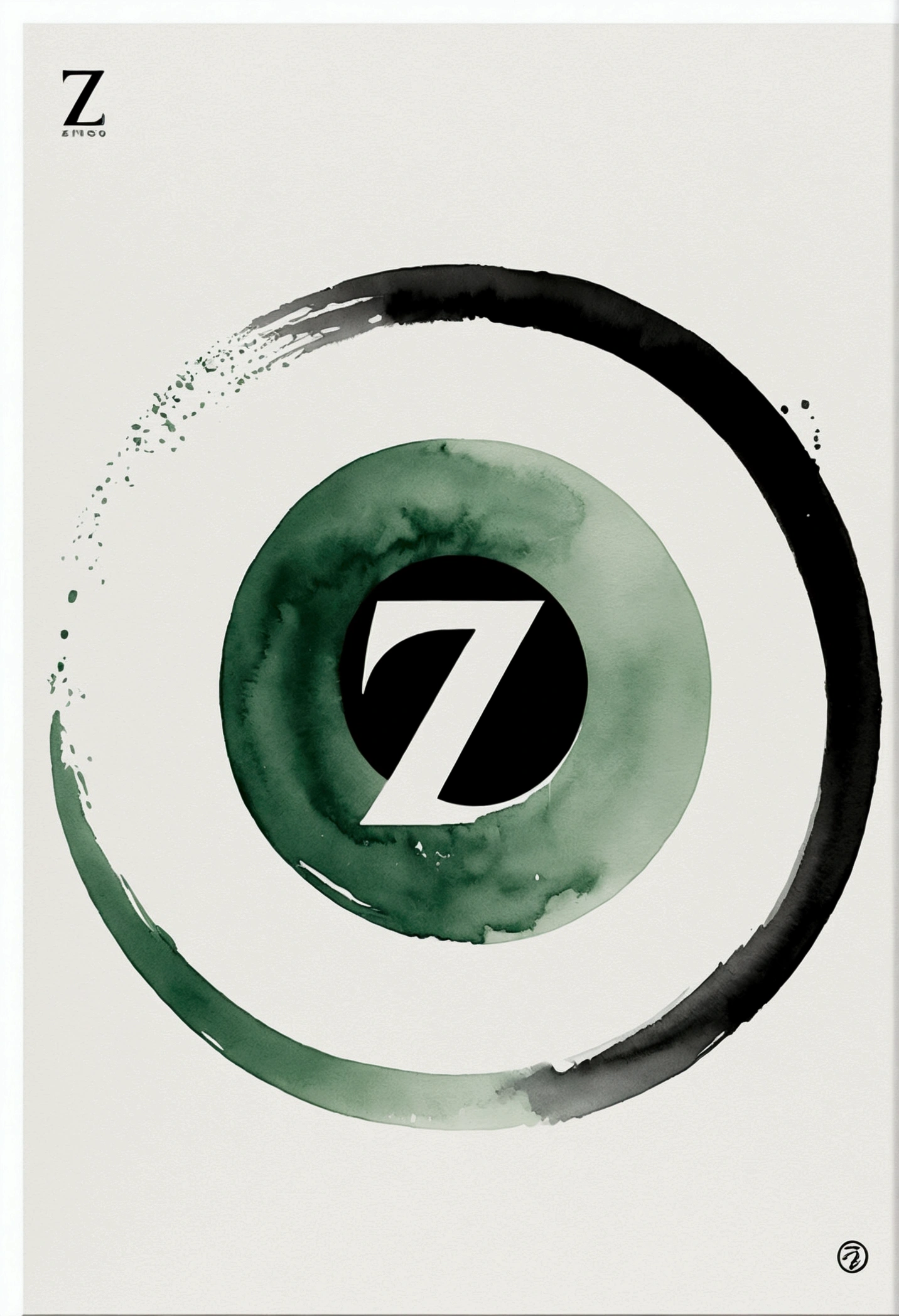 A minimalist zen circle (enso) with a small vault door or lock symbol inside the circle. The text 'Z' is written next to the circle in a clean, elegant font. The color scheme is black and white with a touch of soft green