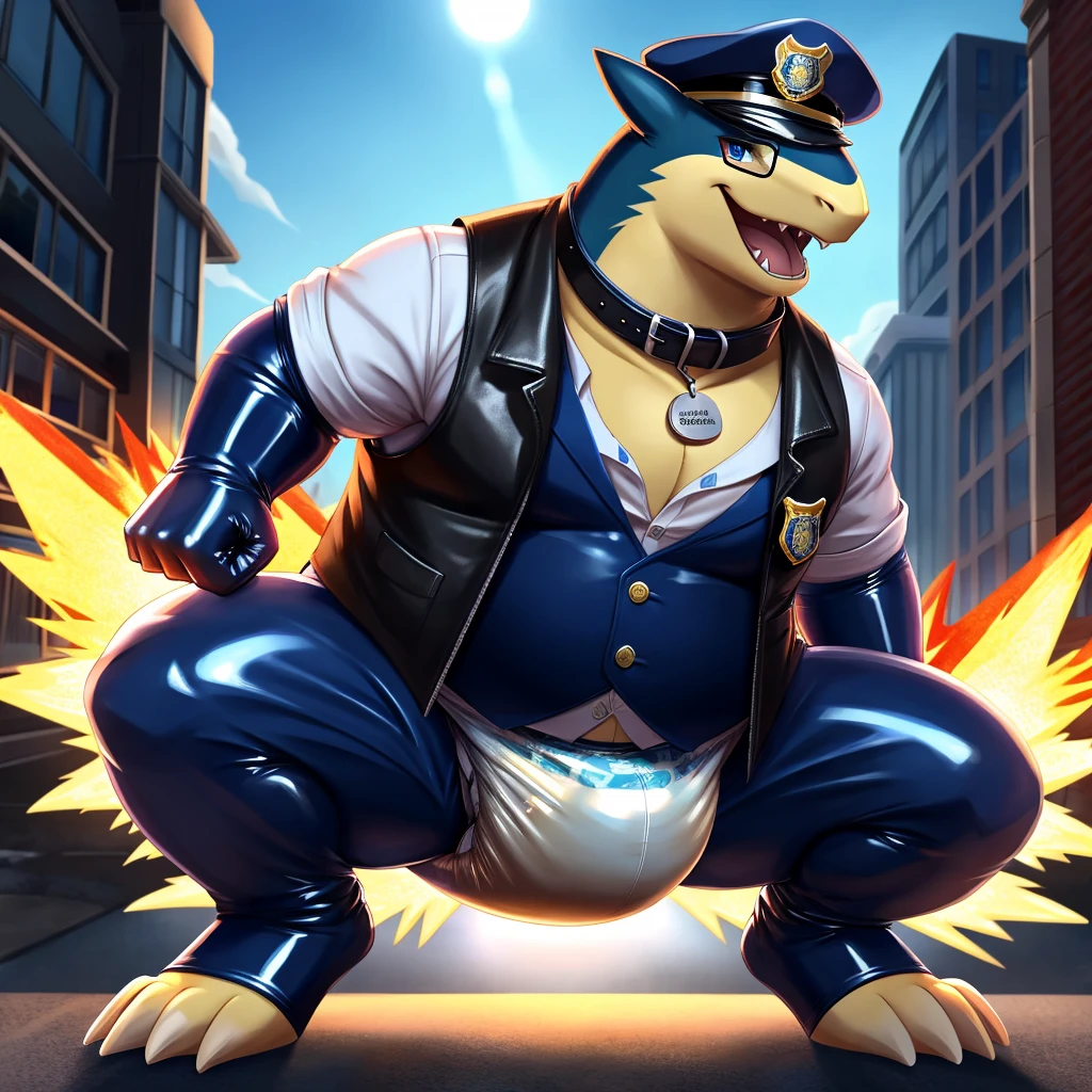 Solo, Male, fat, squatting, extremely obese, gentleman, dapper Typhlosion, pooping in diaper, blue eyes, (soft shading), 4k, hi res, ((detailed face, detailed)), looking at viewer, evil grin, police station, collared shirt with buttons, hat, male focus, Police Uniform, glasses, monocle, vest with buttons, sleeves rolled up, round eyewear, headwear, vest, Typhlosion is wearing a glossy leather dog collar around the neck, Typhlosion is wearing the leather collar and shirt and vest at the same time, Typhlosion is wearing glossy light-blue rubber gloves on the hands, wearing light-blue rubber gloves on the feet, gloves are rubber in texture, mouth wide open, evil laugh, clenching fists, leather collar is glossy and shiny with a lot of detail, Typhlosion is wearing gloves and leather collar at the same time, leather collar has a round dog-tag, leather collar is thick and detailed, light-blue rubber gloves on the feet, Typhlosion is wearing gloves and leather collar at the same time, leather collar has a round dog-tag, leather collar is thick and detailed, leather collar is glossy and shiny, fancy clothing, dapper vest, dapper shirt, leather collar is thick, glossy leather collar, Typhlosion is wearing a dirty diaper