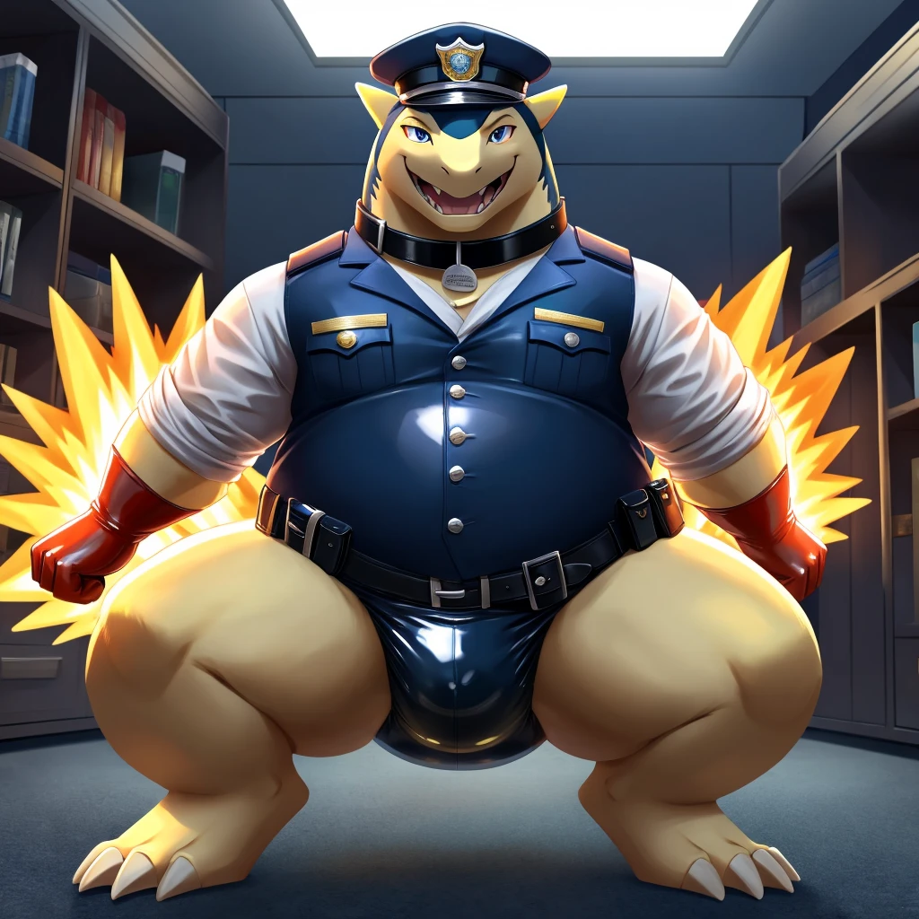Solo, Male, fat, squatting, extremely obese, gentleman, dapper Typhlosion, pooping in diaper, blue eyes, (soft shading), 4k, hi res, ((detailed face, detailed)), looking at viewer, evil grin, police station, collared shirt with buttons, hat, male focus, Police Uniform, glasses, monocle, vest with buttons, sleeves rolled up, round eyewear, headwear, vest, Typhlosion is wearing a glossy leather dog collar around the neck, Typhlosion is wearing the leather collar and shirt and vest at the same time, Typhlosion is wearing glossy light-blue rubber gloves on the hands, wearing light-blue rubber gloves on the feet, gloves are rubber in texture, mouth wide open, evil laugh, clenching fists, leather collar is glossy and shiny with a lot of detail, Typhlosion is wearing gloves and leather collar at the same time, leather collar has a round dog-tag, leather collar is thick and detailed, light-blue rubber gloves on the feet, Typhlosion is wearing gloves and leather collar at the same time, leather collar has a round dog-tag, leather collar is thick and detailed, leather collar is glossy and shiny, fancy clothing, dapper vest, dapper shirt, leather collar is thick, glossy leather collar, Typhlosion is wearing a dirty diaper