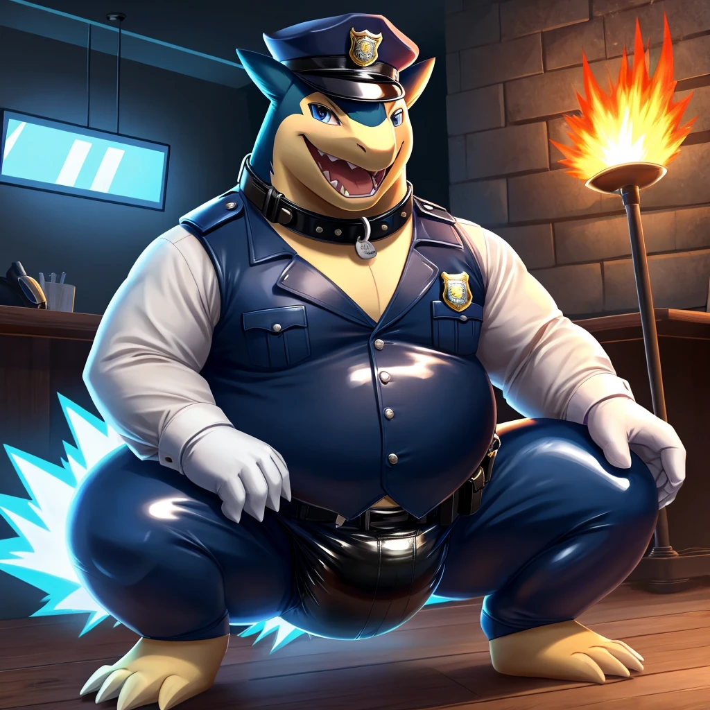 Solo, Male, fat, squatting, extremely obese, gentleman, dapper Typhlosion, pooping in diaper, blue eyes, (soft shading), 4k, hi res, ((detailed face, detailed)), looking at viewer, evil grin, police station, collared shirt with buttons, hat, male focus, Police Uniform, glasses, monocle, vest with buttons, sleeves rolled up, round eyewear, headwear, vest, Typhlosion is wearing a glossy leather dog collar around the neck, Typhlosion is wearing the leather collar and shirt and vest at the same time, Typhlosion is wearing glossy light-blue rubber gloves on the hands, wearing light-blue rubber gloves on the feet, gloves are rubber in texture, mouth wide open, evil laugh, clenching fists, leather collar is glossy and shiny with a lot of detail, Typhlosion is wearing gloves and leather collar at the same time, leather collar has a round dog-tag, leather collar is thick and detailed, light-blue rubber gloves on the feet, Typhlosion is wearing gloves and leather collar at the same time, leather collar has a round dog-tag, leather collar is thick and detailed, leather collar is glossy and shiny, fancy clothing, dapper vest, dapper shirt, leather collar is thick, glossy leather collar, Typhlosion is wearing a dirty diaper