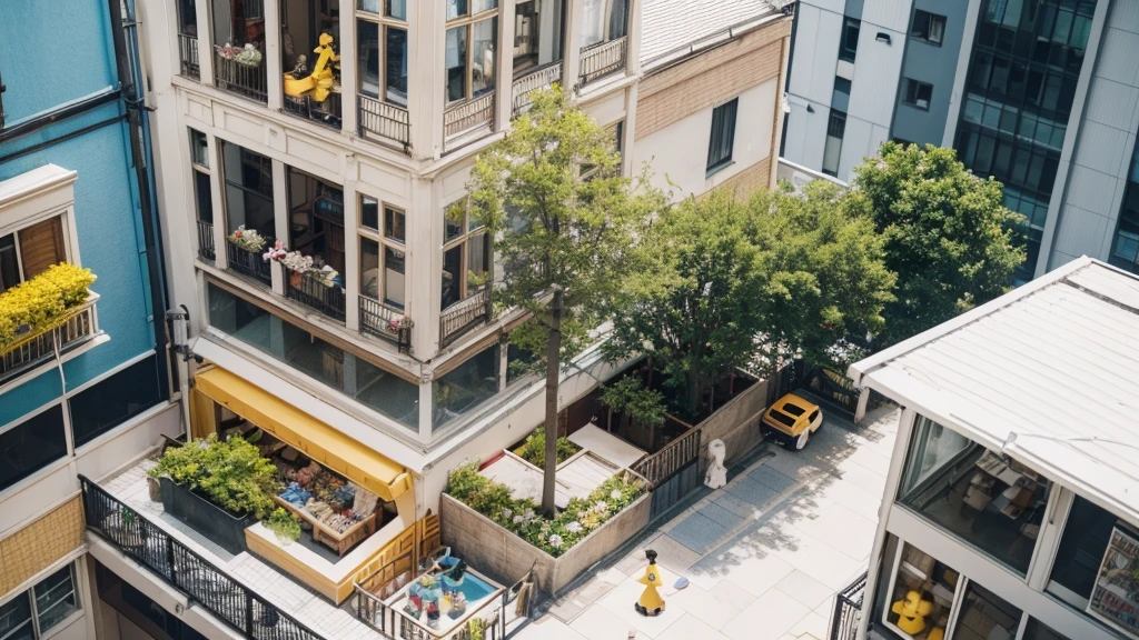 a surreal miniature art style, possibly by artist Tatsuya Tanaka, known for creating tiny dioramas. The composition centers on a waffle depicted as a building, with miniature balconies and figures attached to it. The subject includes tiny figurines acting as residents: one figure watering plants on a top balcony, two figures tending to plants on a middle balcony, and clothes hanging on the bottom balcony. Two additional figures stand at the base, working with powdered sugar resembling snow. The background is a solid, vibrant yellow, contrasting with the neutral tones of the waffle and figurines. The image playfully merges culinary elements with everyday life, creating a whimsical urban scene.