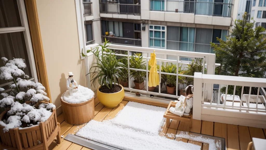 a surreal miniature art style, possibly by artist Tatsuya Tanaka, known for creating tiny dioramas. The composition centers on a waffle depicted as a building, with miniature balconies and figures attached to it. The subject includes tiny figurines acting as residents: one figure watering plants on a top balcony, two figures tending to plants on a middle balcony, and clothes hanging on the bottom balcony. Two additional figures stand at the base, working with powdered sugar resembling snow. The background is a solid, vibrant yellow, contrasting with the neutral tones of the waffle and figurines. The image playfully merges culinary elements with everyday life, creating a whimsical urban scene.