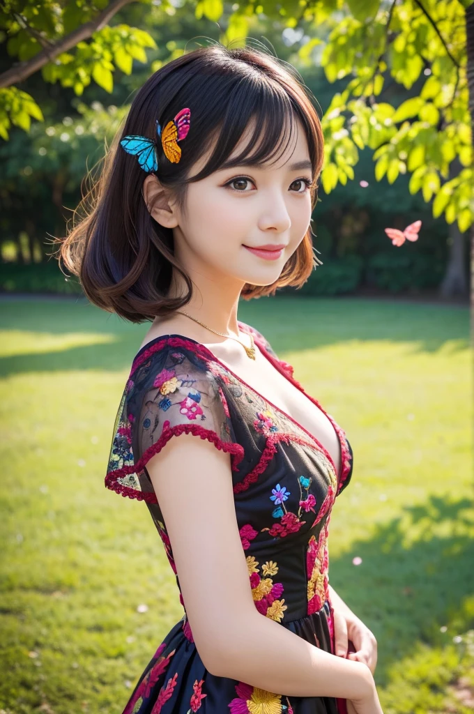(masterpiece:1.4), (best quality:1.4), ultra high res, ultra high resolution, ((detailed facial features)), HDR, (realistic, photorealistic, photo-realistic:1.37), full body, sexy seductive Vietnamese woman, (seductive smile), (slim girl), long lashes, multicolor metallic makeup, vivid colors, (multicolor very short hair), fair skin, elegant posture, wearing large sparkling colorful jewelery, wearing a red ta cosplay dress with black floral embroidery, rainbow-colored butterflies flutter around, it is in a Eastern setting, japanese park in background, lush garden, sunny, in focus, gentle sunlight shining, casting a soft glow on her face, adding warmth to the scene, vibrant colors, capturing the essence of vibrant city life, portrait style, showcasing her natural beauty and grace in a feminine way