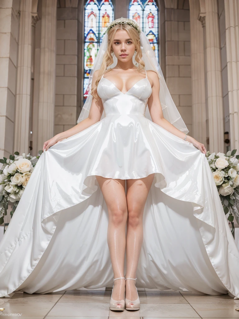 Beautiful young woman,blond hair,Space Buns,long white long wedding dress latex dress, long latex dress white, Latex wedding dress buttoned, Latex wedding dress detailed,shiny white latex stockings,Ultra-tight bodysuit with super-reflective surfaces,white shiny patent PVC shoes,perfect face,detailled eyes,Detailed Lips,longeyelashes,busty,adorable,portrait,high resolution,realisti,studio lighting,Vivid colors,Ultra-tight dress with super-reflective surfaces, fullbody, bouquet, bridal shoes, in the church, vor dem altar Stand, flower wreath in the hair, veil weiss vor dem gesicht, Stand, veil, erotic, red wedding dress, realisti, lies on the altar,big breasts,25 years old german woman