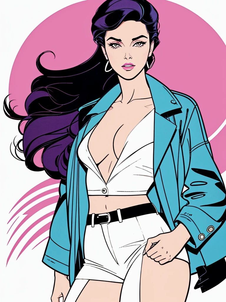 score_9, score_8, score_7,A stunning illustration ((Patrick Nagel Style)) dark-haired goddess, dressed in 1980s womens fashion, open jacket, open shirt, a beauty pinup art style, graphic design, flat colours,  white skin no shadows, Dynamic Primary colour palette, background 1 flat colour. Portrait Style. 