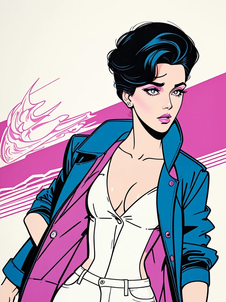 score_9, score_8, score_7,A stunning illustration ((Patrick Nagel Style)) dark-haired goddess, dressed in 1980s womens fashion, open jacket, open shirt, a beauty pinup art style, graphic design, flat colours, white skin no shadows, Dynamic Primary colour palette, background 1 flat colour. Portrait Style.