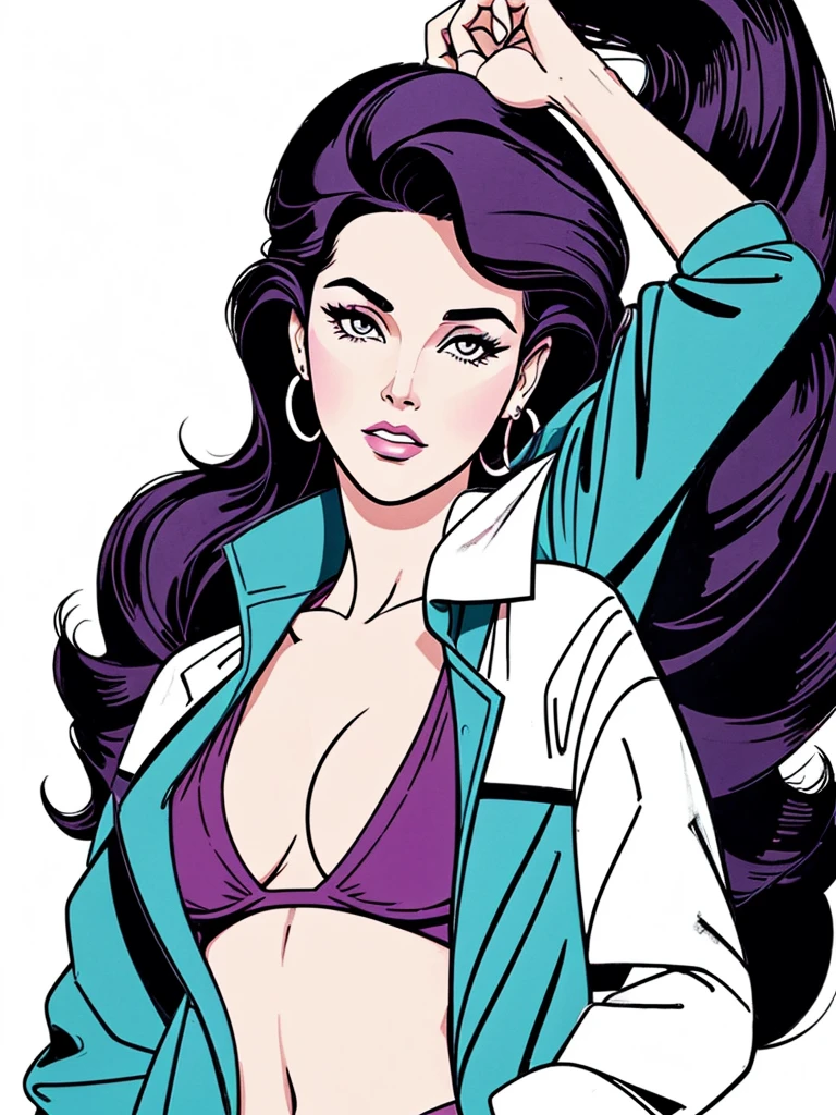 score_9, score_8, score_7,A stunning illustration ((Patrick Nagel Style)) dark-haired goddess, dressed in 1980s womens fashion, open jacket, open shirt, a beauty pinup art style, graphic design, flat colours, white skin no shadows, Dynamic Primary colour palette, background 1 flat colour. Portrait Style.