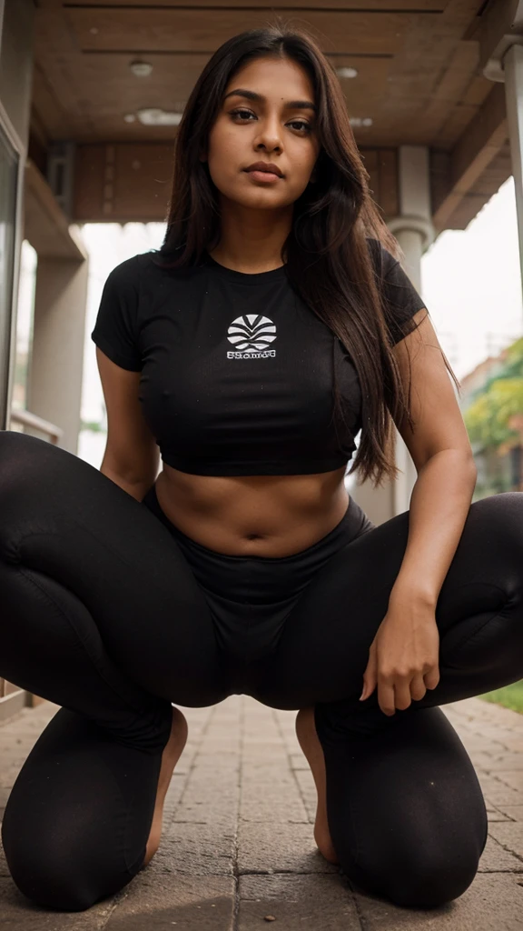 short indian brown woman with long hair, skinny, small perfect breasts, big hip, big ass, thick curvy, woman wearing black t shirt and leggings, squatting pose, side pose, sexy face, detailed.