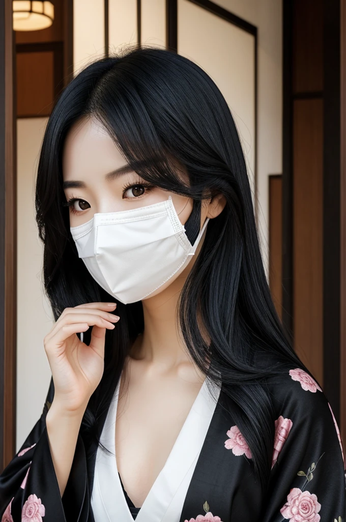 Create a beautiful Korean woman, pale with long black hair, wearing a black kimono along with a face mask