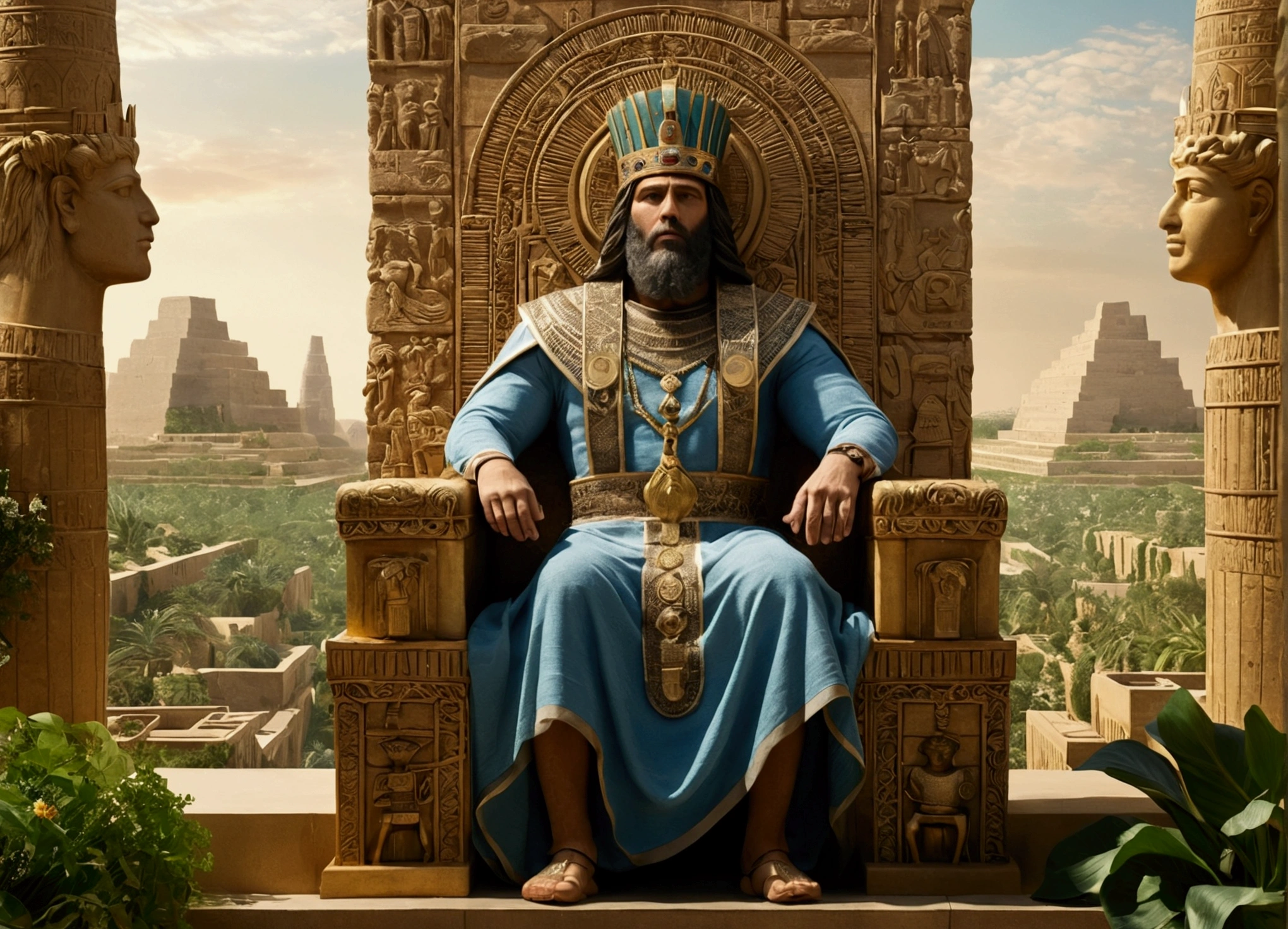 King Nebuchadnezzar on his throne, surrounded by riches and symbols of power, looking at the hanging gardens of Babylon in the background.