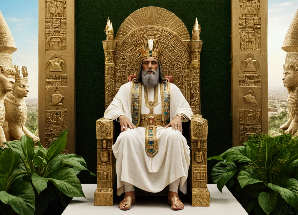 King Nebuchadnezzar on his throne, surrounded by riches and symbols of power, looking at the hanging gardens of Babylon in the background.