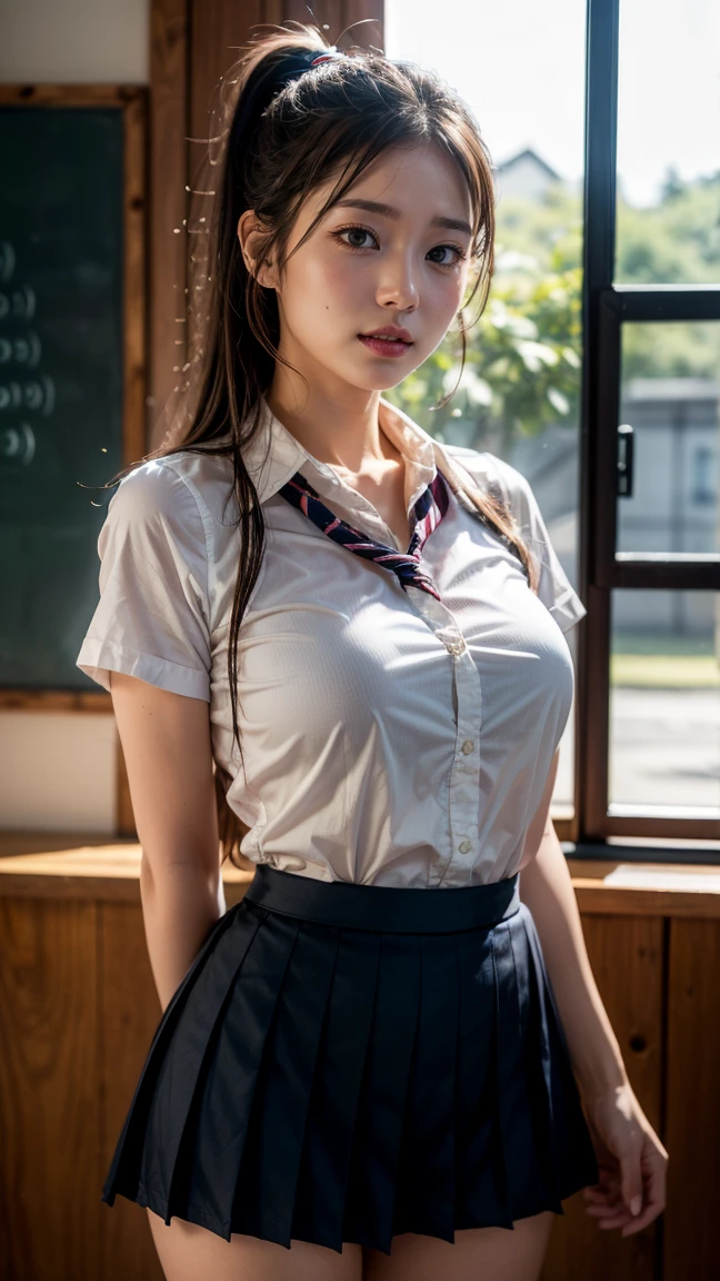 (Realistic:1.4), Highest quality, masterpiece, RAW32K Photo, (Very detailed美しい日本の女の子), (Very fine particles:1.2), (Baby Face),(Cute Face:1.2), Very detailed, Ultra-high resolution, wonderful, break,
(school uniform:1.5), Detailed school girl, (Bright classroom 1.3、Moody light), Beautiful detailed girl, blonde、Cute Face, mini skirt,(thigh)、(((She lifted her skirt to reveal her white panties.)))、((Ponytail Hair))、big Breasts、big 、Gal