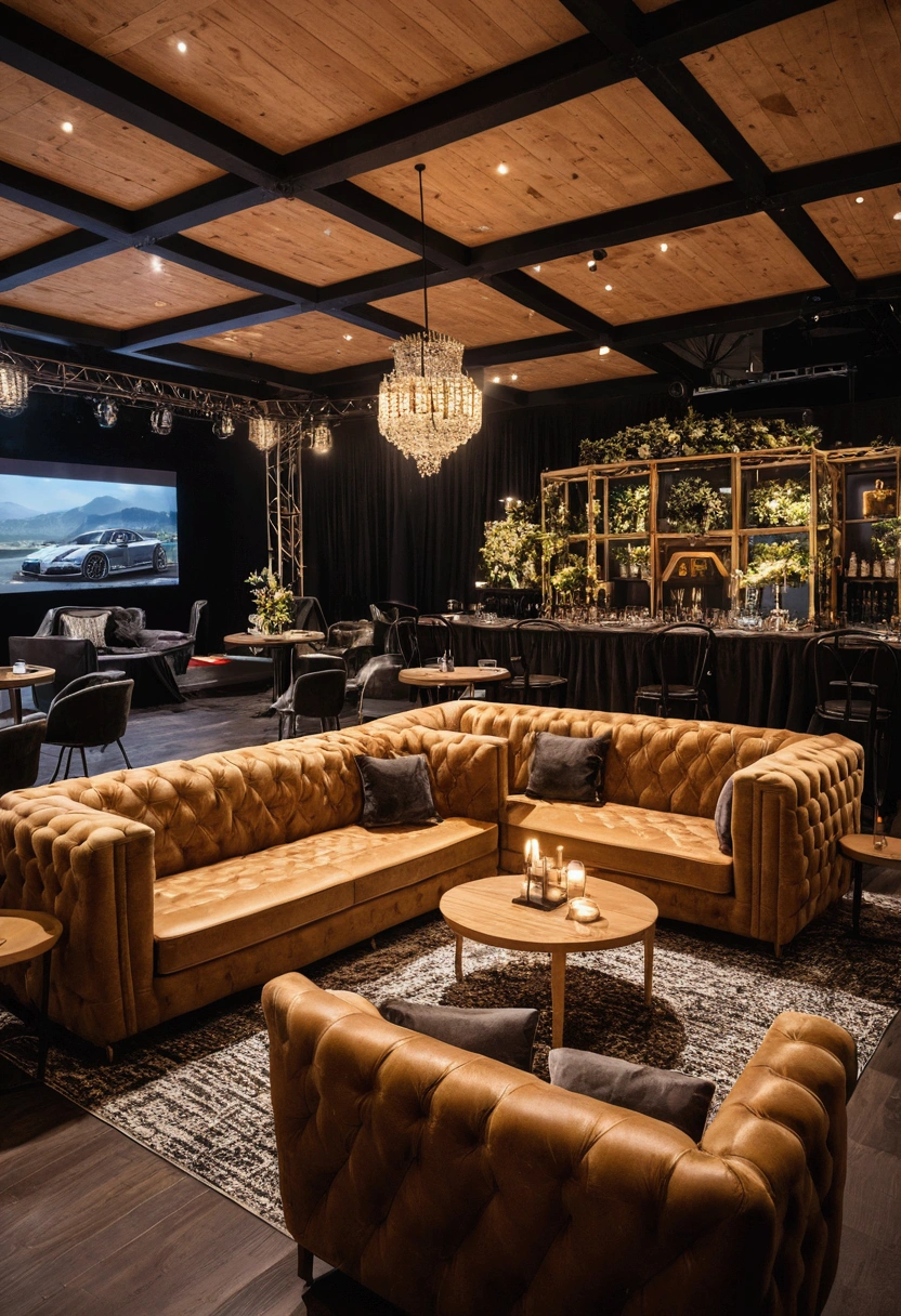 cabin, sofas, bistro, automobile event, DJ Stage