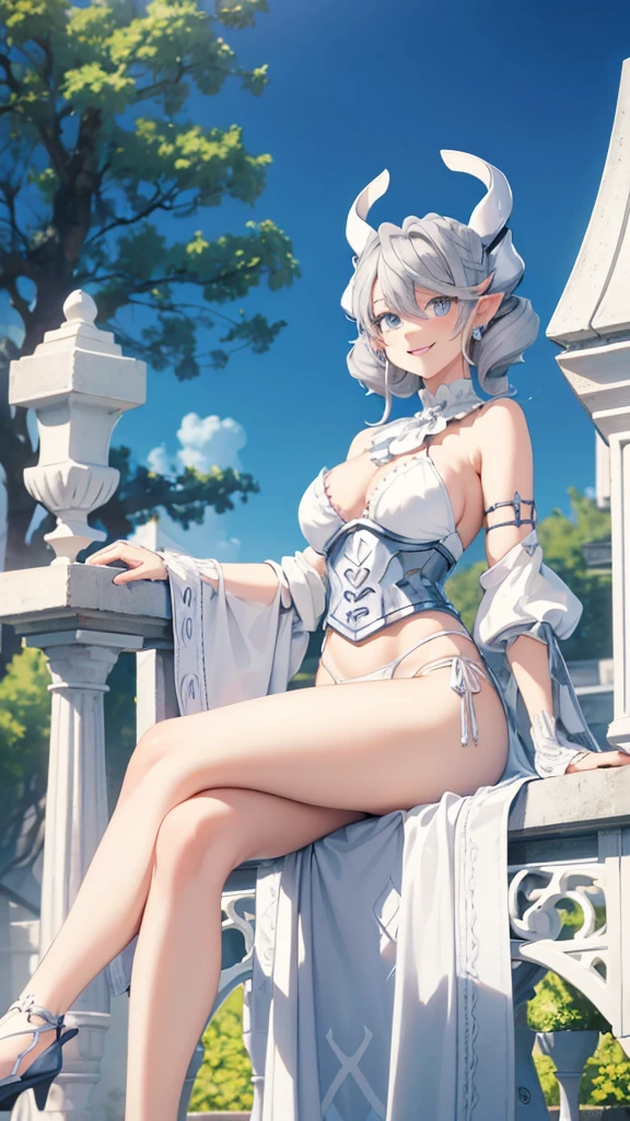 Beautiful arts wallpaper morning Outside castle top  High level image quality　best image quality　8K　 adult woman      more colors   whole body view　portrait　 wearing pure white bikini  　white horn    ears  　short hair（（shortcut）（gray hair）（perm）（fluffy））　eye color is blue ,  　attractive evil face , smile   ,  sitting in the garden    ,  labrynth      , crossed legs,  