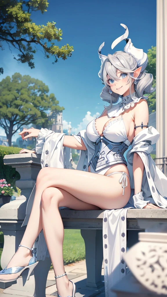 Beautiful arts wallpaper morning Outside castle top High level image quality best image quality 8K adult woman more colors whole body view portrait wearing pure white bikini white horn ears short hair((shortcut)(gray hair)(perm)(fluffy)) eye color is blue , attractive evil face , smile , sitting in the garden , labrynth , crossed legs,