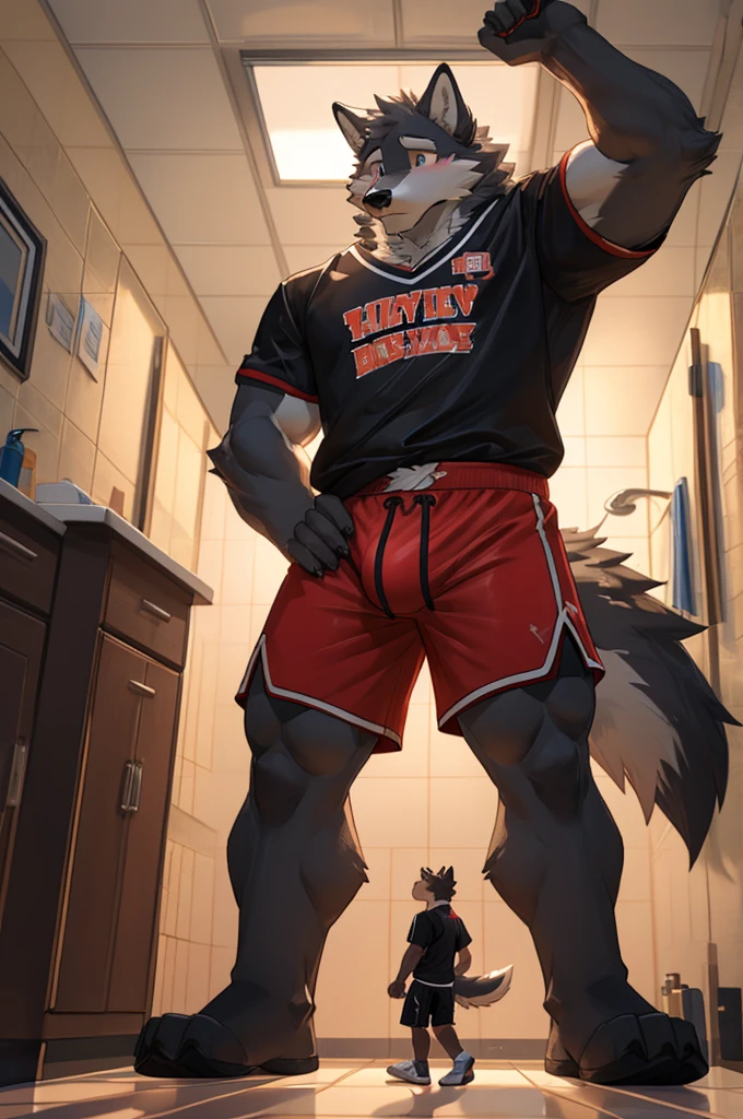 Short-nosed Gray Wolf,High School Students,good-looking,Strong,Regular height,Basketball clothes(Short black sleeves,Red shorts),Blushing cheeks,bathroom,The crotch is pronouncedly raised,Crotch bulge,Sexy,Wolf Tail,alone,Green,Close Range,Half face,shy, macro growth size difference fullbody head reaching the ceiling 
