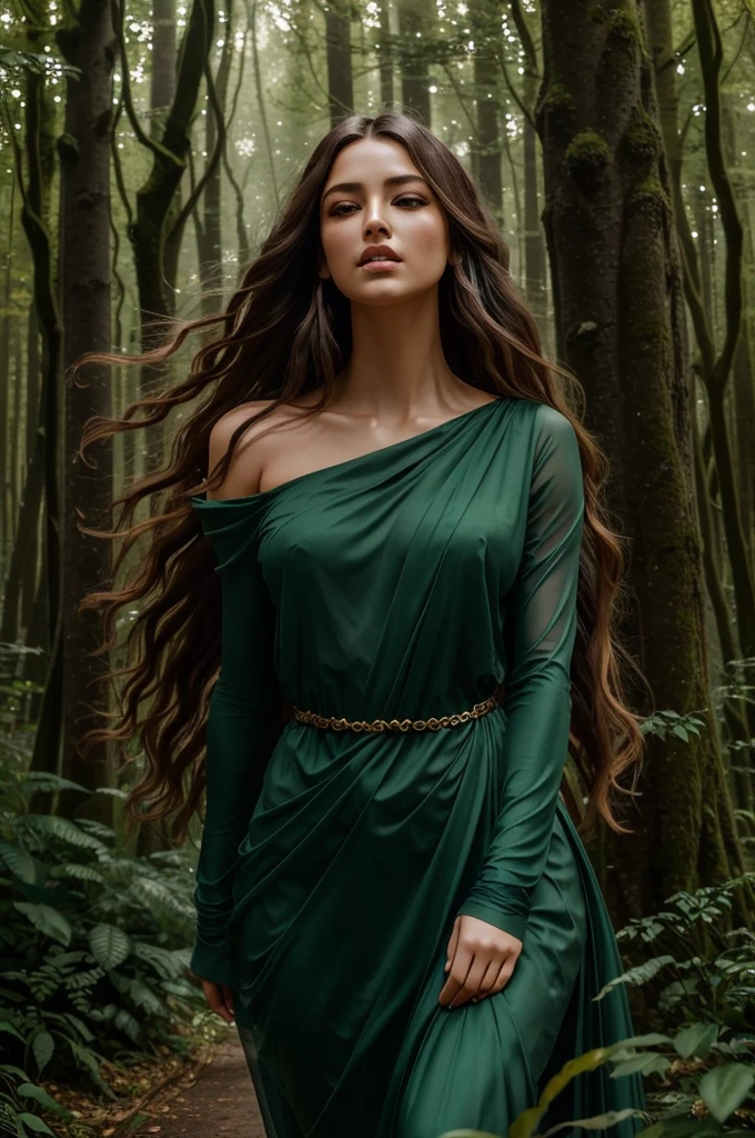 a beautiful woman, intricate details, highly detailed facial features, piercing eyes, lush lips, glowing skin, long flowing hair, elegant posture, graceful movement, standing in a serene natural landscape, vibrant green foliage, sunlight streaming through the trees, warm golden light, atmospheric haze, photorealistic, cinematic lighting, dreamlike quality, ethereal, mystical, peaceful, tranquil
