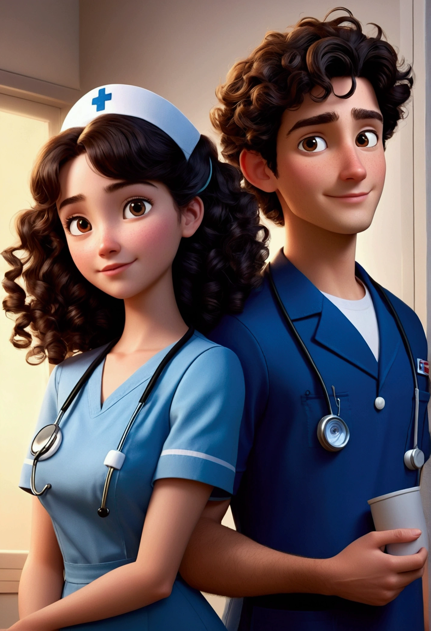 A Disney Pixar style couple, high quality, brown hair female nurse (curly black hair boy) with blue uniform