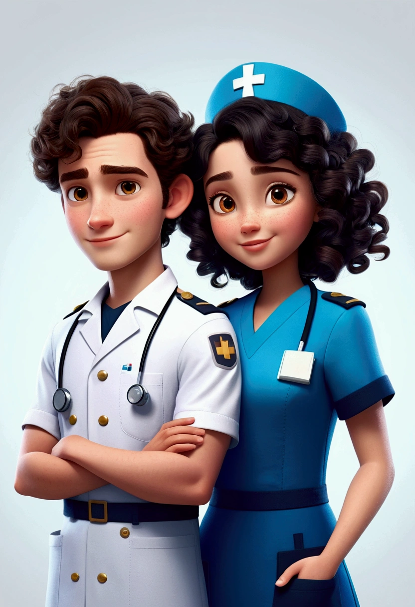 A Disney Pixar style couple, high quality, brown hair female nurse (curly black hair boy) with blue uniform