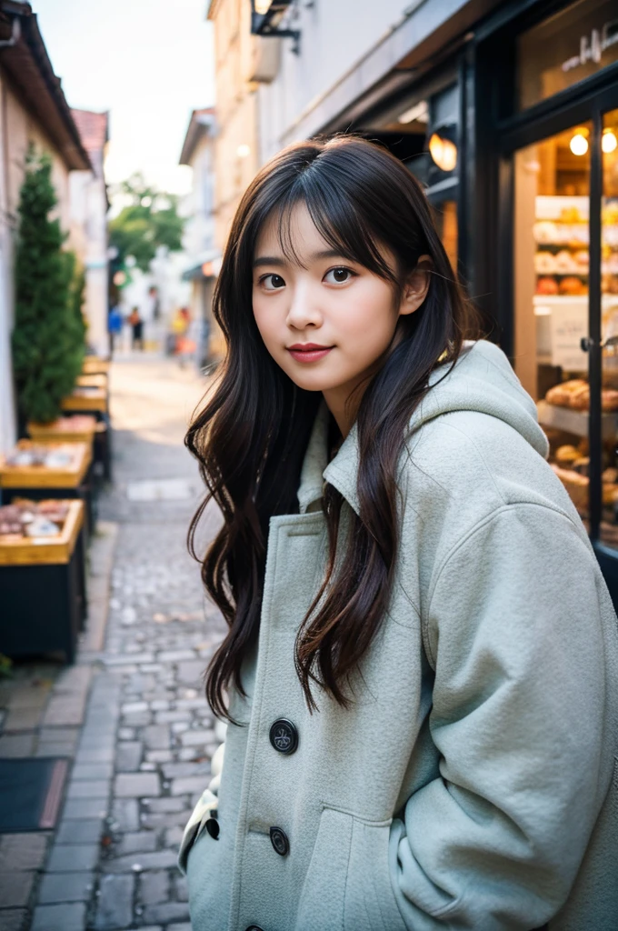  (8k, RAW Photos, Highest quality, masterpiece:1.3), (Realistic, photo-Realistic:1.4), (非常に詳細な8k壁紙), Sharp focus, Written boundary depth,
 Japanese Idols,very cute, (coat:1.3),(Long Hair: 1.3), Upper Body, Highly detailed face and eyes,((Glowing Skin:1.2)), Cinema Lighting, Soft Light, Blur the background,( Old European village street in the early morning, Cobblestone Street, A bakery filled with warm light and a pleasant aroma.)