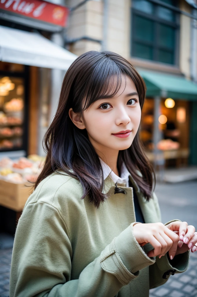 (8k, RAW Photos, Highest quality, masterpiece:1.3), (Realistic, photo-Realistic:1.4), (非常に詳細な8k壁紙), Sharp focus, Written boundary depth,
Japanese Idols,very cute, (coat:1.3),(Long Hair: 1.3), Upper Body, Highly detailed face and eyes,((Glowing Skin:1.2)), Cinema Lighting, Soft Light, Blur the background,( Old European village street in the early morning, Cobblestone Street, A bakery filled with warm light and a pleasant aroma.)