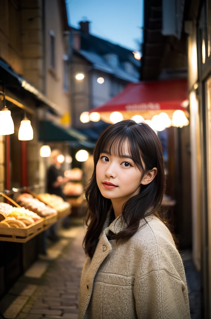 (8k, RAW Photos, Highest quality, masterpiece:1.3), (Realistic, photo-Realistic:1.4), (非常に詳細な8k壁紙), Sharp focus, Written boundary depth,
Japanese Idols,very cute, (coat:1.3),(Long Hair: 1.3), Upper Body, Highly detailed face and eyes,((Glowing Skin:1.2)), Cinema Lighting, Soft Light, Blur the background,( Old European village street in the early morning, Cobblestone Street, A bakery filled with warm light and a pleasant aroma.)