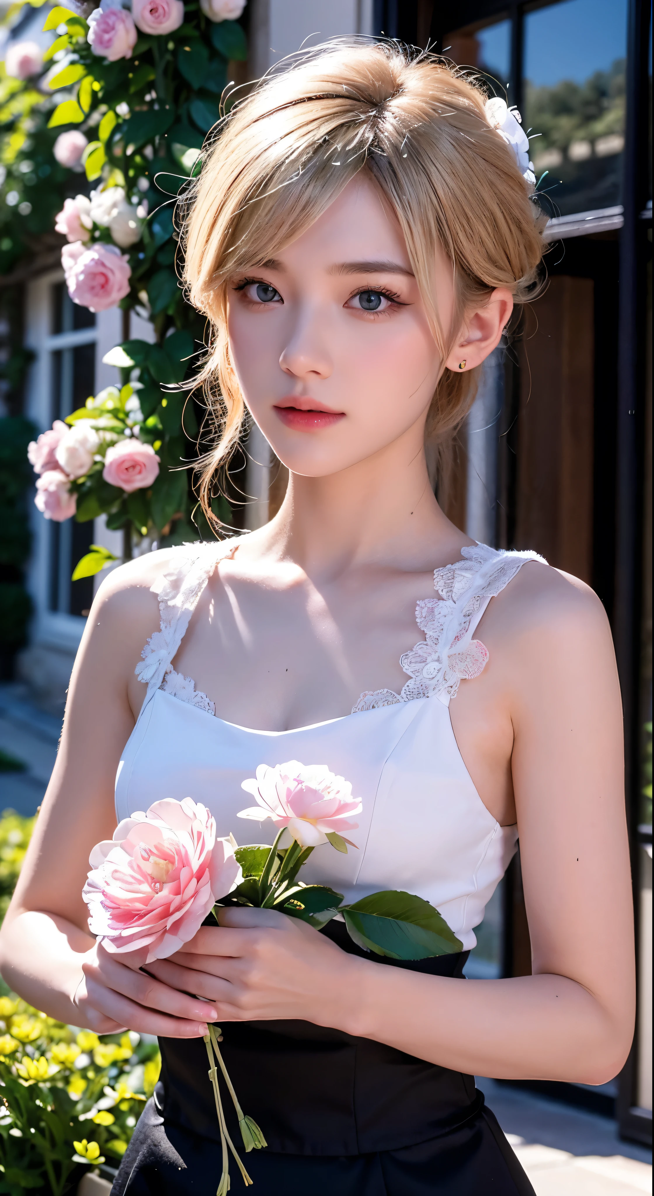 extremely delicate and beautiful, Amazing, finely detail, masterpiece, ultra-detailed, highres,best illustration, best shadow,intricate,sharp focus,  high quality, 1male, solo, blond hair. red eyes, kaveh genshin impact, flowershop front, flowers in pots, flowers for sale