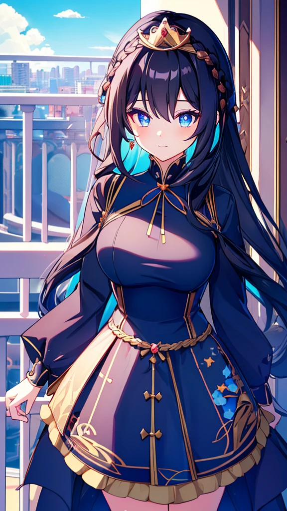 best quality, extremely detailed,anime style girl,long hair down to the waist, straight hair, ((dark black hair with bluish)),braid,beautiful detailed eyes, pinched eyes, (dark blue eyes),huge breasts,curvy,((((western cutie princess dress)))),((brightly colored clothing)),clothing with complex patterns,hair ornament,smile,((((balcony)))),((pov))