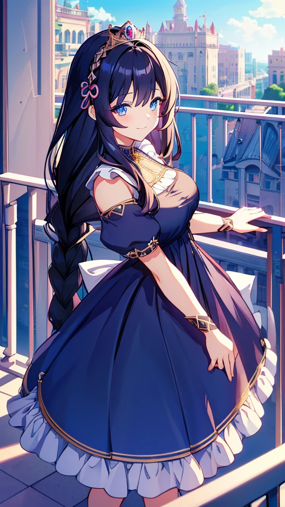 best quality, extremely detailed,anime style girl,long hair down to the waist, straight hair, ((dark black hair with bluish)),braid,beautiful detailed eyes, pinched eyes, (dark blue eyes),huge breasts,curvy,((((western cutie princess dress)))),((brightly colored clothing)),clothing with complex patterns,hair ornament,smile,((((balcony)))),((pov))