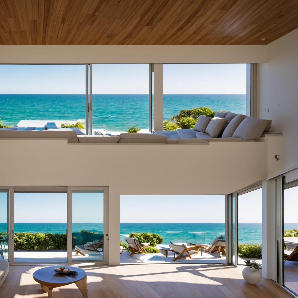 Mon point de vue si jetais dans le salon d’une maison moderne avec vu sur la mer
