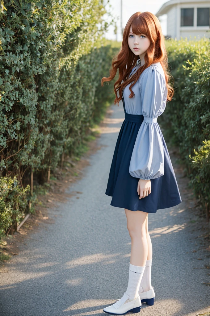 girl with wavy red hair, long and with bangs, big sky blue eyes wearing a short sky blue and navy blue dropped sleeve dress wearing black heels and short white socks anime style violet evergarden