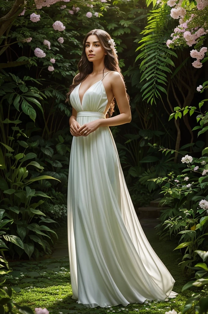 a beautiful woman with a glowing aura, detailed face, long flowing hair, serene expression, wearing a flowing white dress, standing in a lush garden with blooming flowers, sunlight streaming through the leaves, atmospheric lighting, vibrant colors, photorealistic, masterpiece, award-winning art