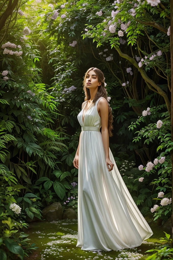 a beautiful woman with a glowing aura, detailed face, long flowing hair, serene expression, wearing a flowing white dress, standing in a lush garden with blooming flowers, sunlight streaming through the leaves, atmospheric lighting, vibrant colors, photorealistic, masterpiece, award-winning art