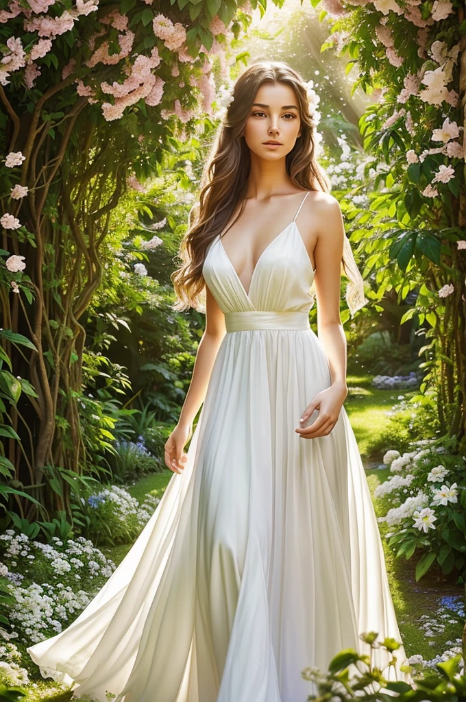 a beautiful woman with a glowing aura, detailed face, long flowing hair, serene expression, wearing a flowing white dress, standing in a lush garden with blooming flowers, sunlight streaming through the leaves, atmospheric lighting, vibrant colors, photorealistic, masterpiece, award-winning art