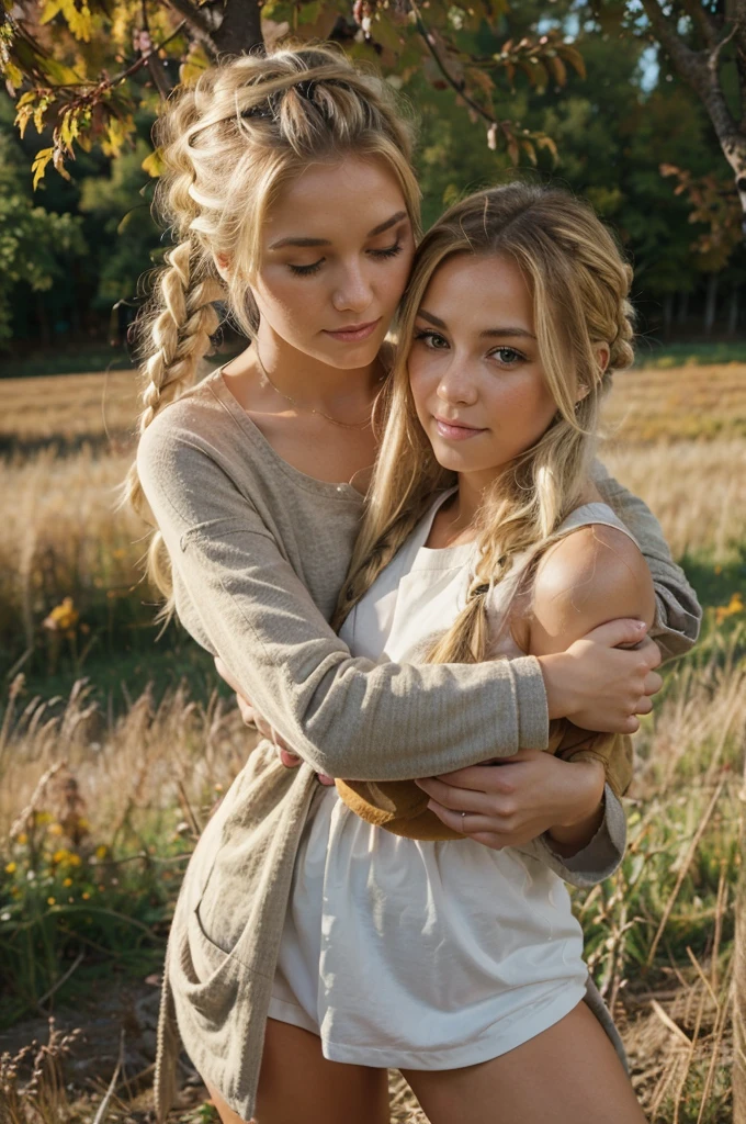 a beautiful young woman with blonde hair tied up, good, hugs with a cute dog, The background is an autumn meadow, make the photo very realistic