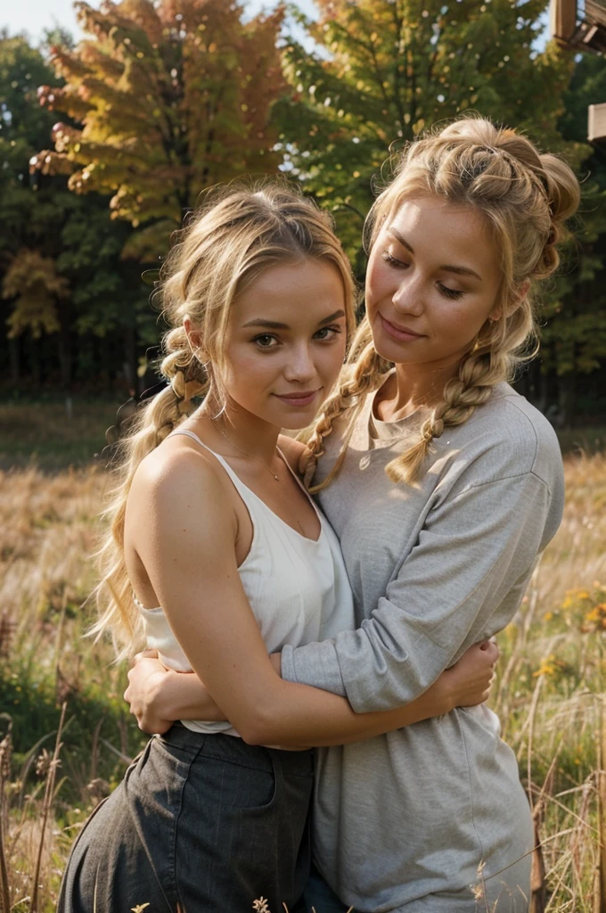 a beautiful young woman with blonde hair tied up, good, hugs with a cute dog, The background is an autumn meadow, make the photo very realistic