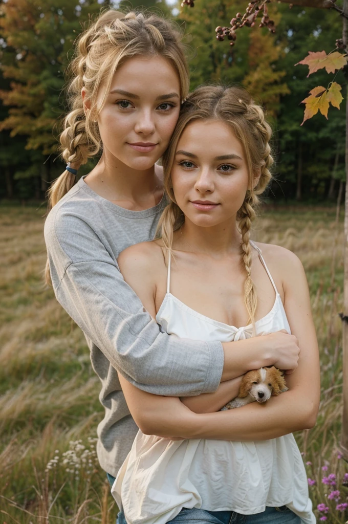a beautiful young woman with blonde hair tied up, good, hugs with a cute dog, The background is an autumn meadow, make the photo very realistic