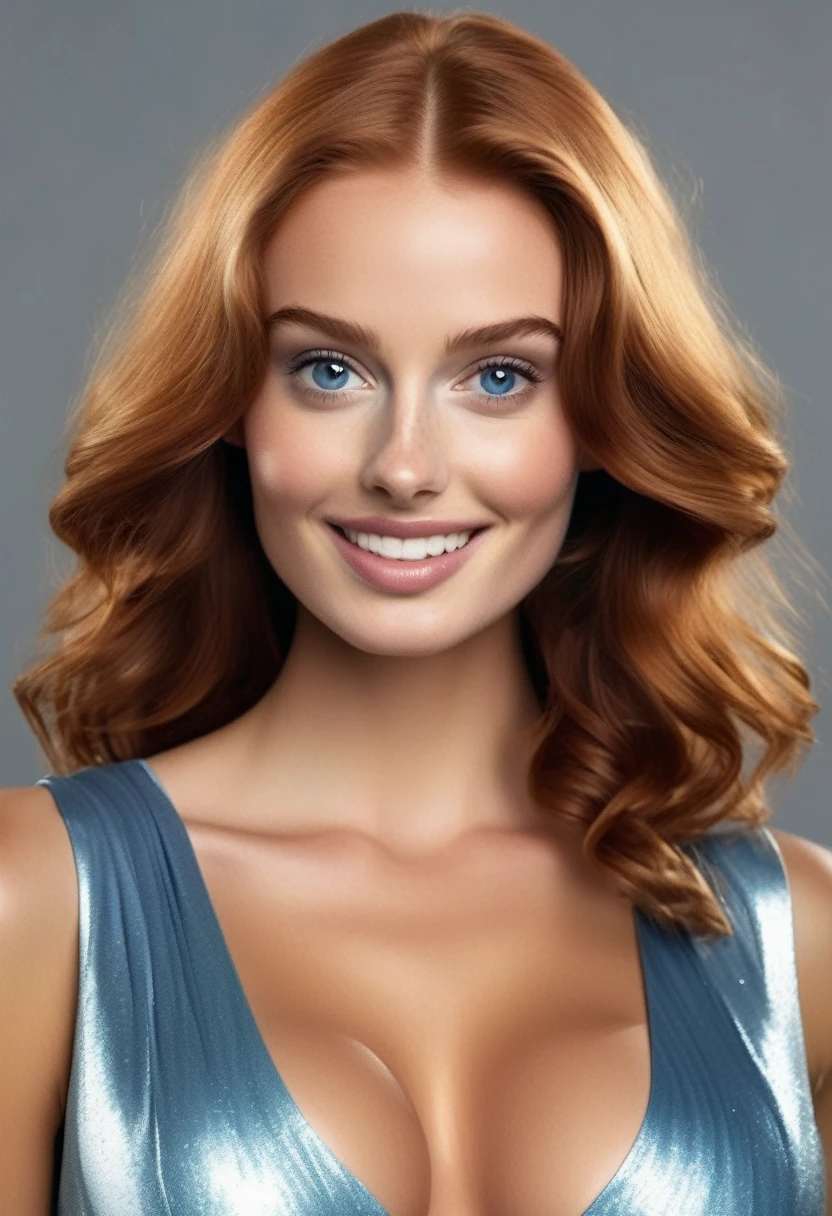 (symmetrical:1.3) hyper-realistic modern color portrait of a (thin_cute_ginger_supermodel) with (massive_round_breasts:3) and a symmetrical_face_like_(audrey_hepburn_mixed_with_minka_kelly_mixed_with_18yo_Emmy_Rossum) and (full_pouty_heart-shaped_lips in a broad smile with white teeth:1.3) in a (shimmering_metallic-blue_plunge_dress),(deep_huge_cleavage:2),(elegantly_styled_long_long_ginger_hair:1.4),(dimples:1.3), solid_black_background, (deep_huge_cleavage:2), (fit:1.2),(small_tiny_narrow_slender_waist:1.4),(symmetrical:1.6), (overhead studio lights reflecting off her shiny oily very pale skin)