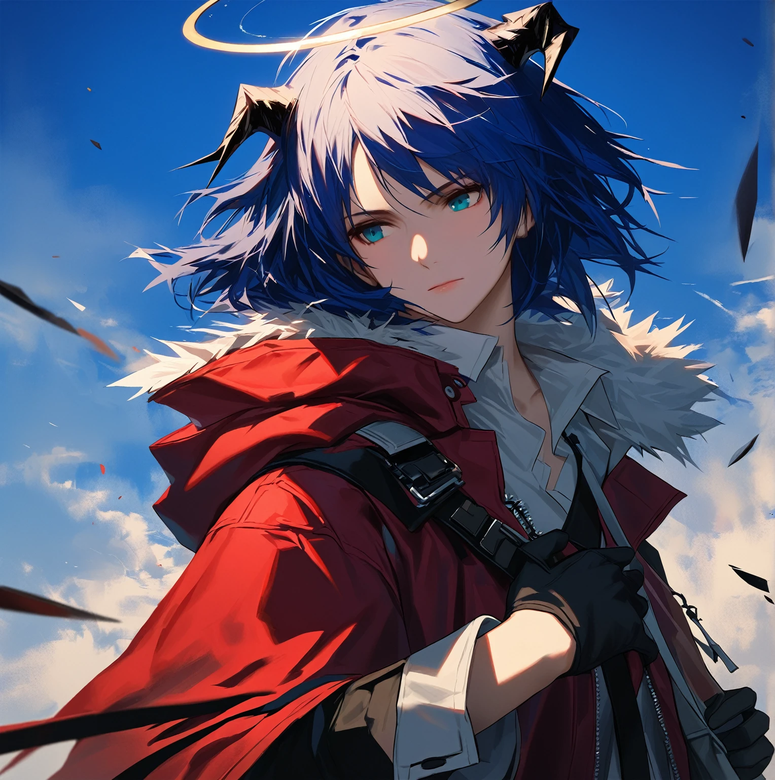 (woman), ((Mostima from arknights)), masterpiece, best quality, blue hair, ((short hair)), horns, plain white shirt, red fullbody coat, dark blue eyes, realistic anime style, faint smile, ((portrait)), black gloves, carring a bag, halo.
