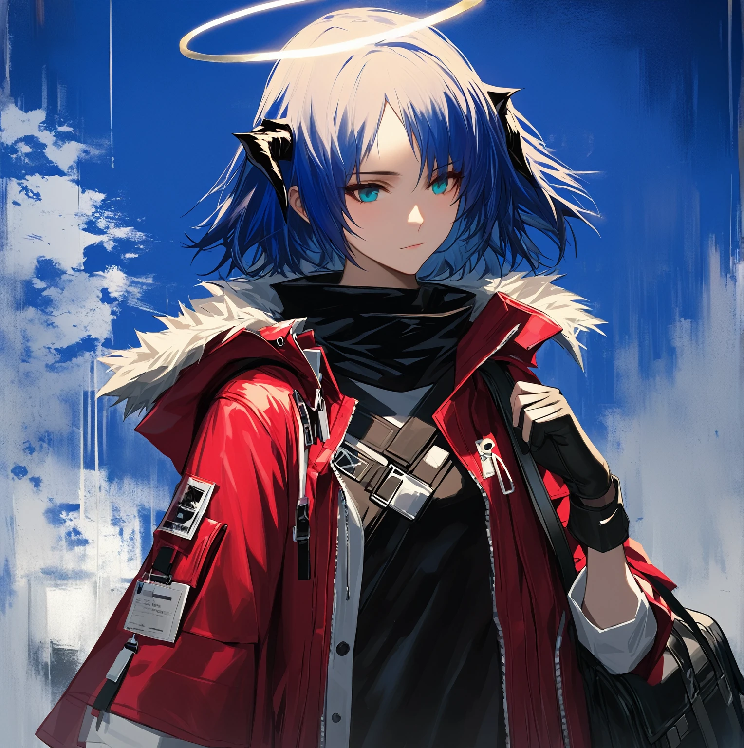 (woman), ((Mostima from arknights)), masterpiece, best quality, blue hair, ((short hair)), horns, plain white shirt, red fullbody coat, dark blue eyes, realistic anime style, faint smile, ((portrait)), black gloves, carring a bag, halo.
